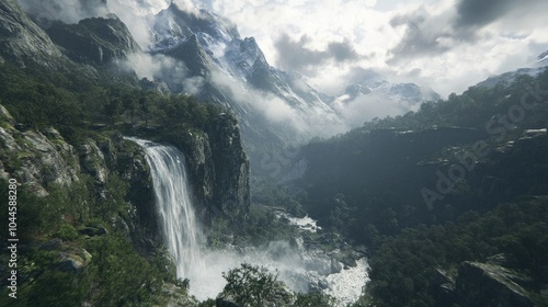 Serene Waterfall Amidst Majestic Mountainscape
