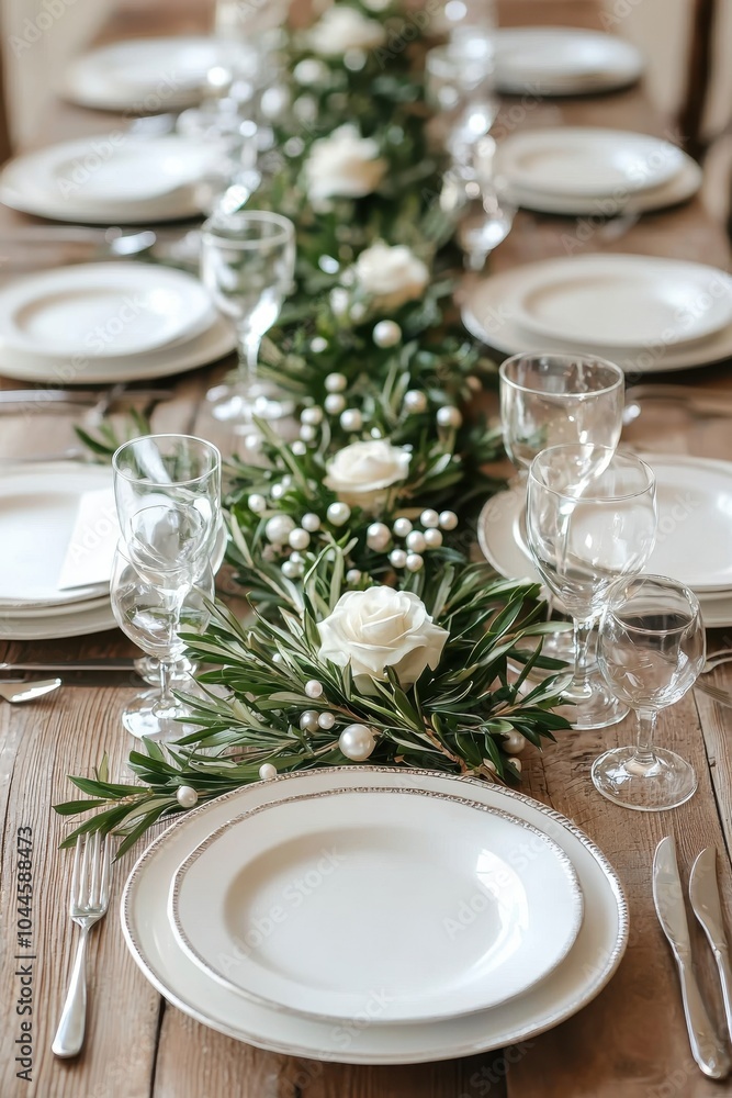 Elegant dining table setting with plates and floral centerpiece.