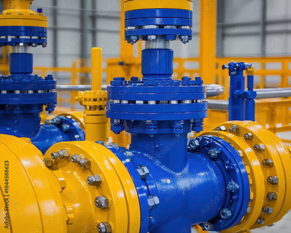 Industrial valves and pipelines in a factory setting, bright colors, detailed view. Industrial valves and pipelines in a factory setting, bright colors, detailed view.