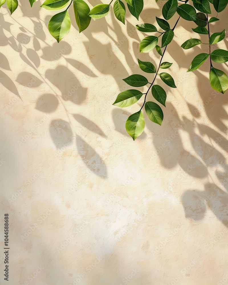 Leafy branches casting soft shadows on a textured beige background. Leafy branches casting soft shadows on a textured beige background.