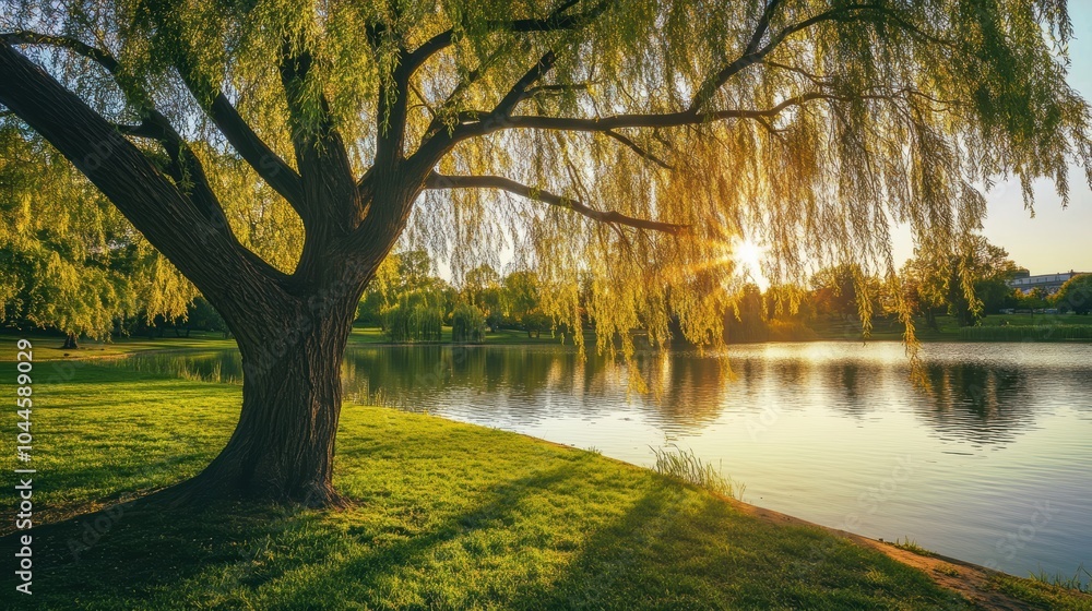 Fototapeta premium Tranquil Willow Tree by Serene Lake at Sunset
