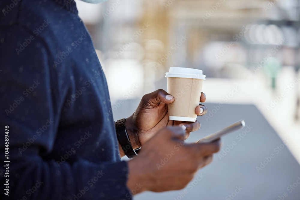 Hand, person and phone with coffee for travel schedule, metro commute and waiting on transport. Passenger, mobile and communication with urban train, morning journey and location for subway platform Hand, person and phone with coffee for travel schedule, metro commute and waiting on transport. Passenger, mobile and communication with urban train, morning journey and location for subway platform