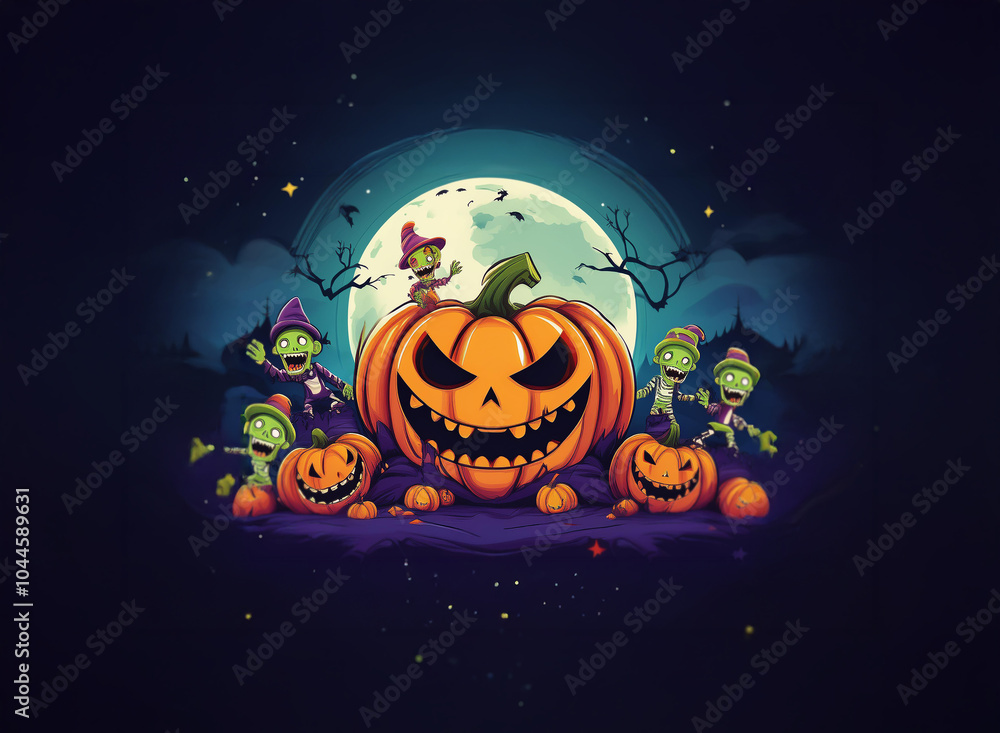 A group of smiling pumpkins with zombie faces, dressed in hats, stand in front of a large, menacing, jack-o-lantern under a full moon. A group of smiling pumpkins with zombie faces, dressed in hats, stand in front of a large, menacing, jack-o-lantern under a full moon.