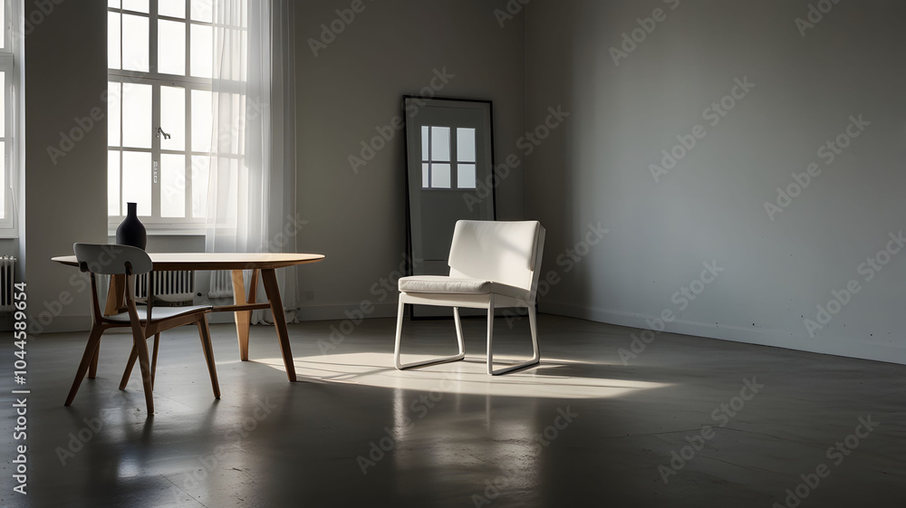 Fototapeta premium Minimalistic white chair next to a table