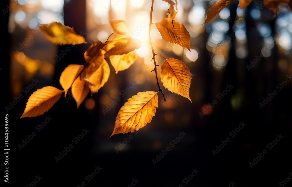 Golden leaves hang from a branch against a backdrop of blurred autumn foliage and the setting sun. Golden leaves hang from a branch against a backdrop of blurred autumn foliage and the setting sun.