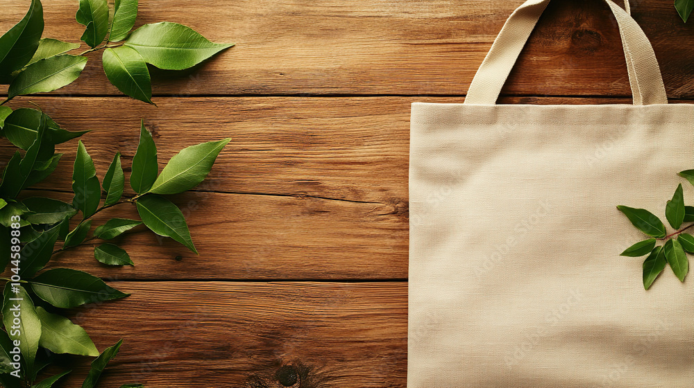 Canvas tote bag on wooden table with green leaves, Zero Waste Ecology Canvas tote bag on wooden table with green leaves, Zero Waste Ecology