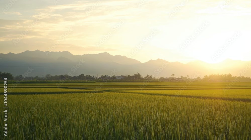 Naklejka premium Serene Rice Field at Sunset with Distant Mountains