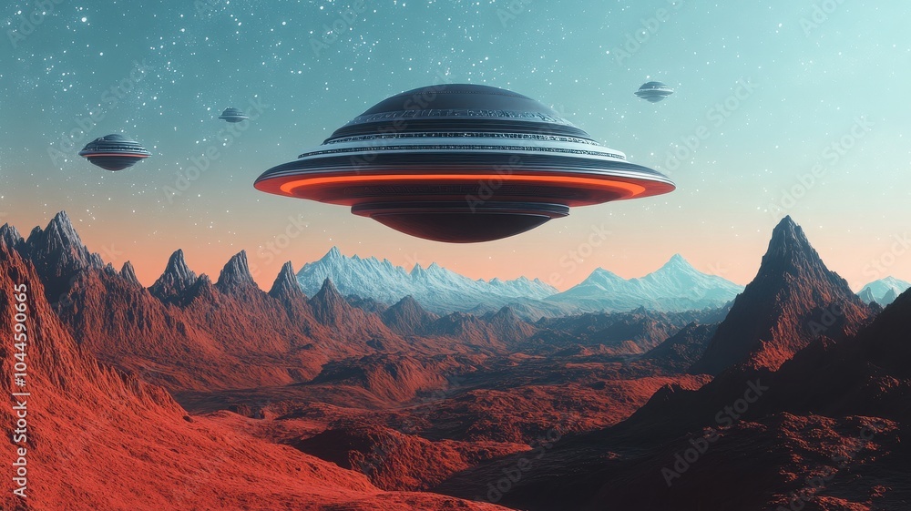 A futuristic landscape featuring a hovering spaceship among surreal mountains and vivid colors, evoking imaginative exploration. A futuristic landscape featuring a hovering spaceship among surreal mountains and vivid colors, evoking imaginative exploration.