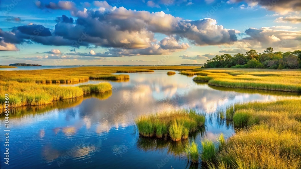 Fototapeta premium Natural salt water marsh and wetlands on coast of South Carolina beside intracoastal waterway between Georgetown and Charleston SC