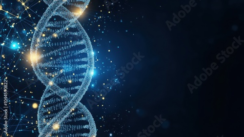 A futuristic representation of DNA strands glowing in a cosmic background, symbolizing genetic research and biotechnological advancements.