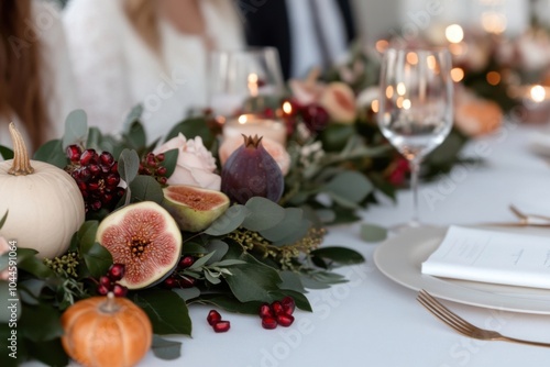 Wedding table setting decorated with figs and pumpkins with guests in background