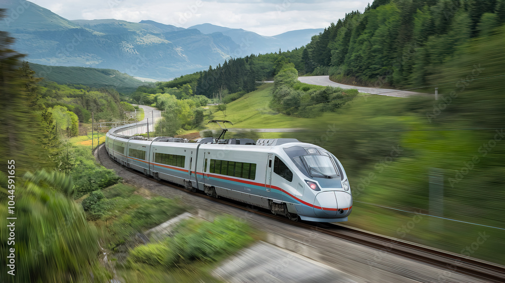 Naklejka premium A modern, sleek highspeed train speeds through a picturesque mountainous landscape. Lush green forests and winding roads frame the train as it traverses the scenic route.