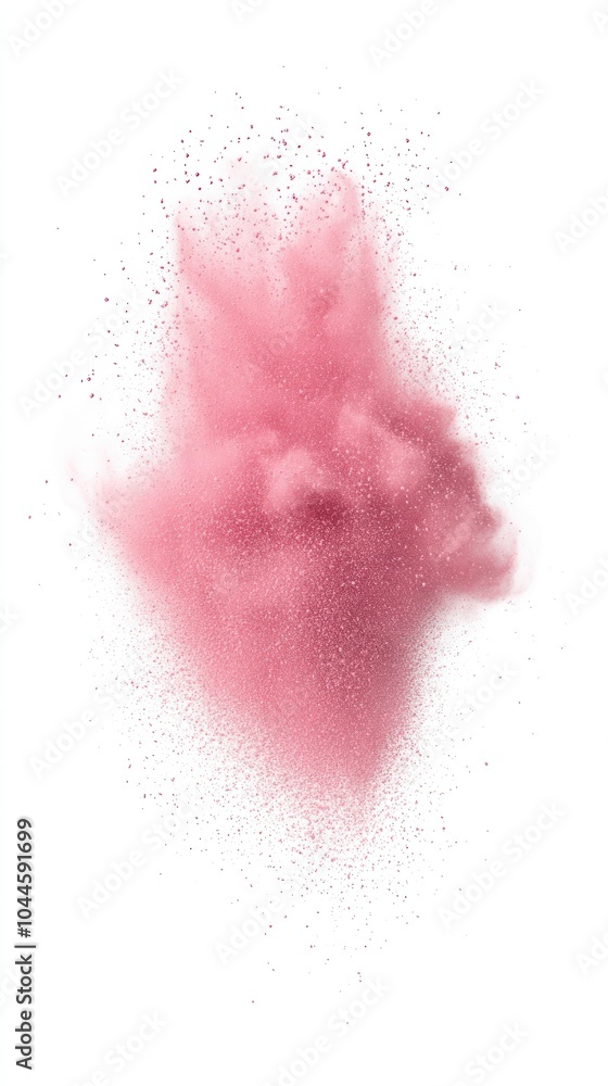 A cloud of pink powder disperses against a white background, creating an artistic effect. A cloud of pink powder disperses against a white background, creating an artistic effect.