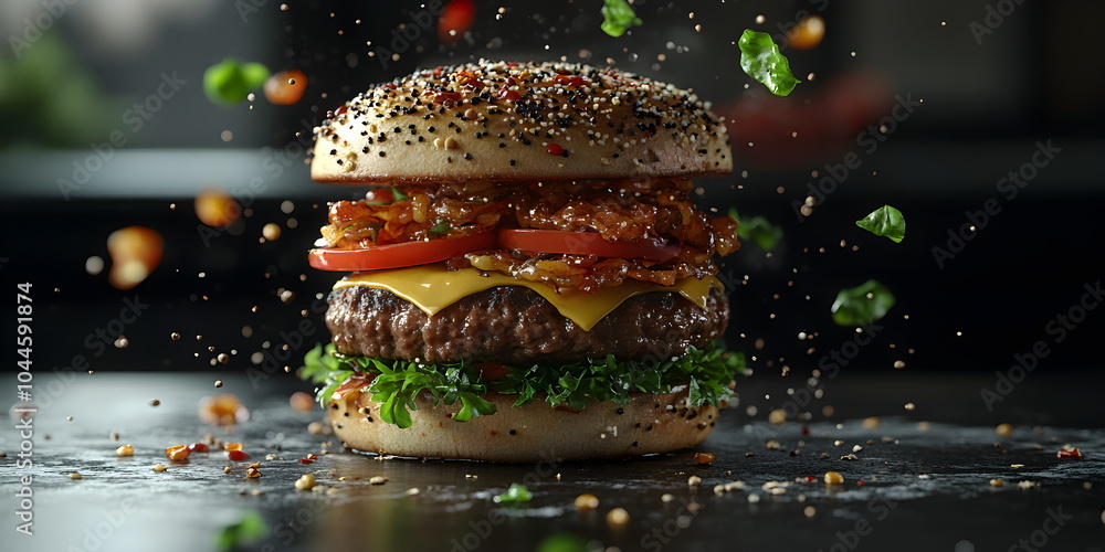 Fresh juicy burger with splashes of ingredients on a black background Fresh juicy burger with splashes of ingredients on a black background