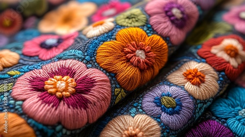 Close-up of colorful embroidered flowers on fabric.