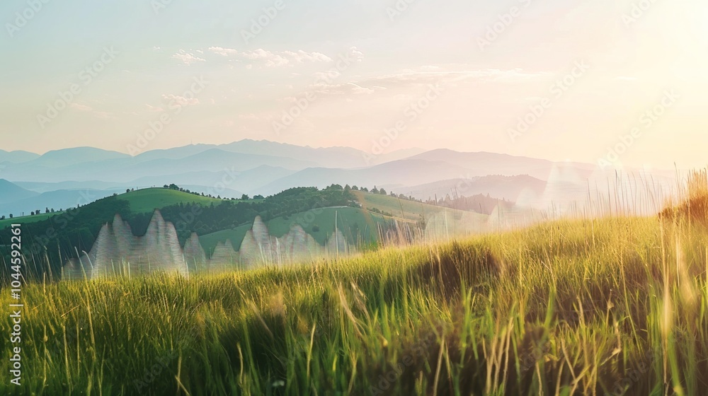 Fototapeta premium Sound waves radiating across a serene landscape, symbolizing the interconnectedness and harmony of natural and auditory elements.
