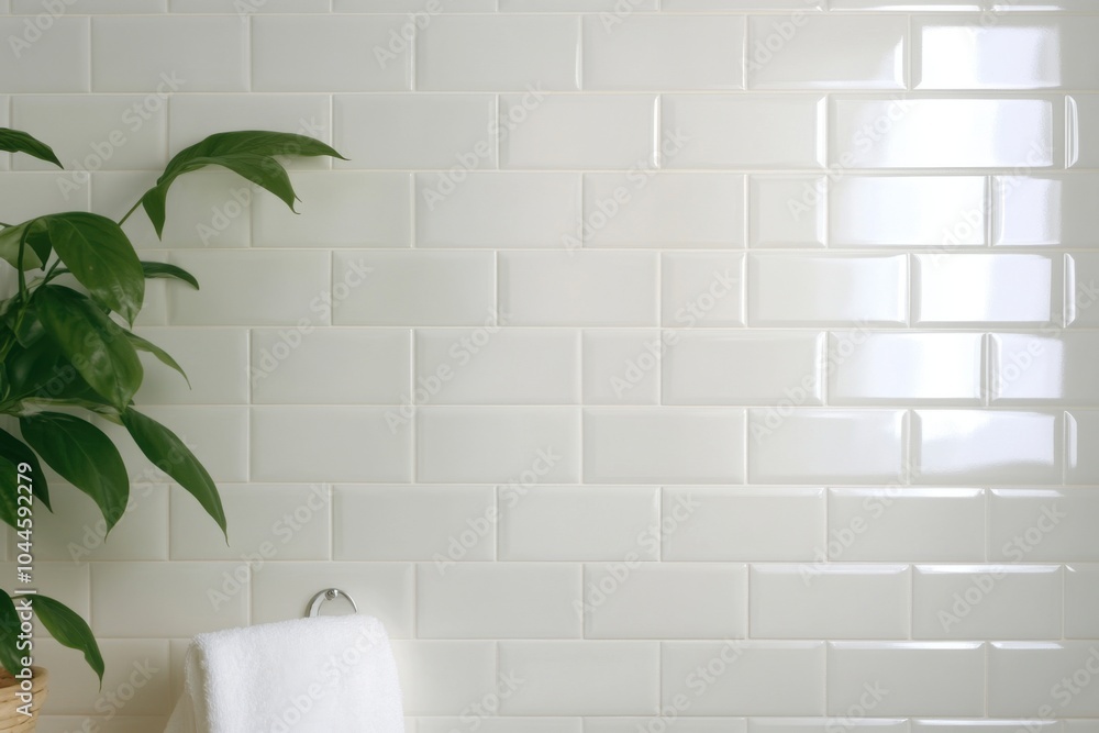 © Papukos - White subway tile bathroom wall with green plant and towel