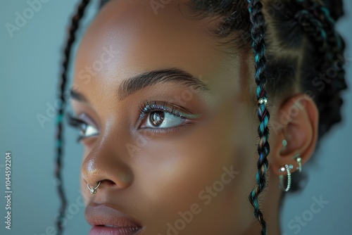 A detailed shot of an ear with an array of piercings, including a helix, tragus, and conch, adorned with small, sparkling studs photo