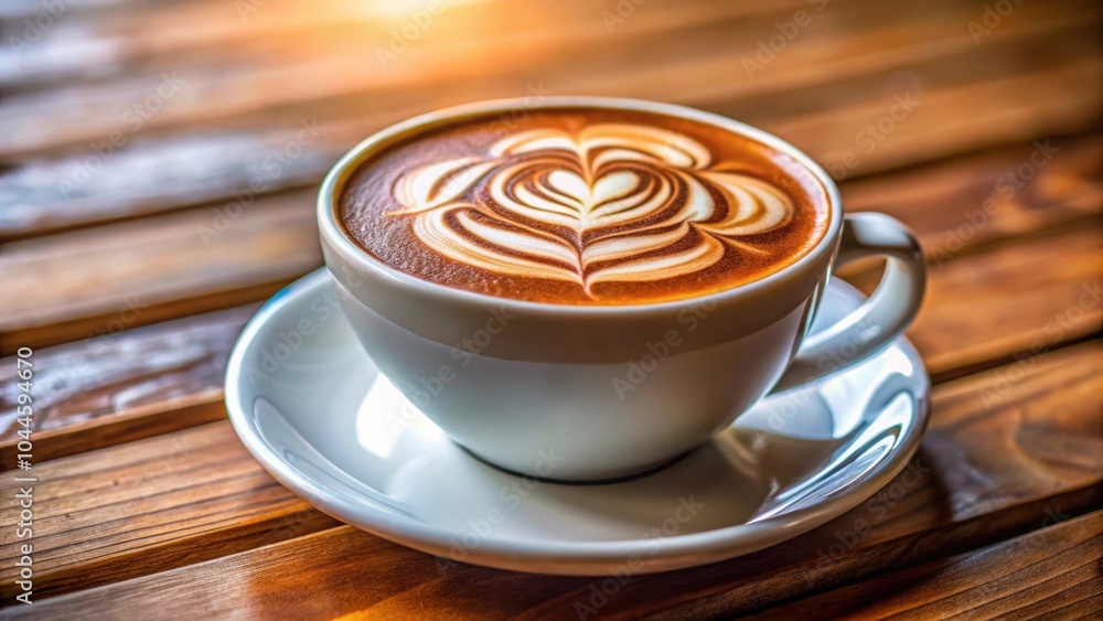 Close-up of a rosetta flower latte art design in a cappuccino coffee cup on a cafe table , latte art, cappuccino, coffee cup, rosetta