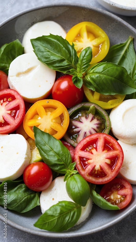 Caprese salad with heirloom tomatoes fresh mozzarella and basil leaves Caprese salad with heirloom tomatoes fresh mozzarella and basil leaves