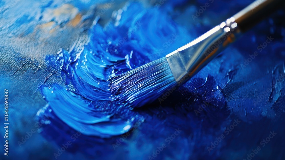 Fototapeta premium Close-Up of a Paintbrush and Blue Paint