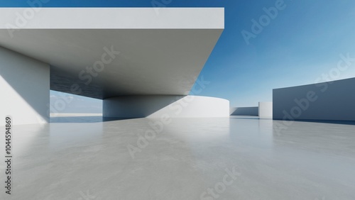 3d render of abstract modern concrete white architecture with empty cement floor, minimal exterior, car presentation background. photo