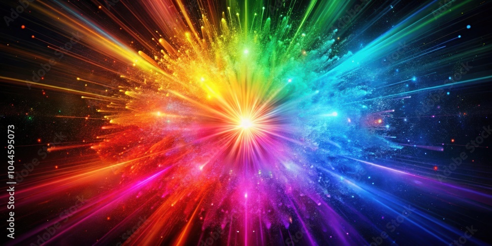 Naklejka premium Vibrant explosion of color with light particles bursting into spectrum hues, artistic, color, spectrum, explosion, vibrant