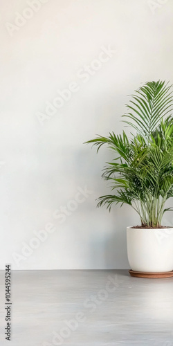 Indoor tropical plant in a white pot against a minimalist background in a modern room