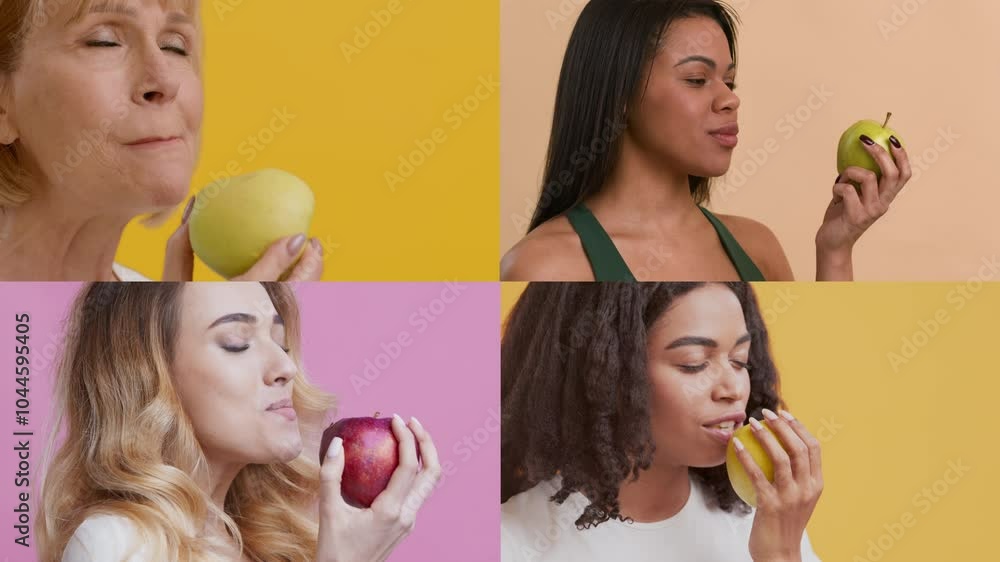 Four individuals are delightfully biting into different apples, featuring a mix of green and red varieties. Bright yellow and pink backgrounds enhance their joyful expressions. Four individuals are delightfully biting into different apples, featuring a mix of green and red varieties. Bright yellow and pink backgrounds enhance their joyful expressions.