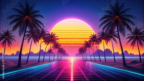 Retro wave horizon landscape with neon lights, palm trees, and sunset at the beach, 80s, 90s, Retro Futurism, Synthwave