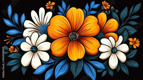 floral folk art motif, full color on black background