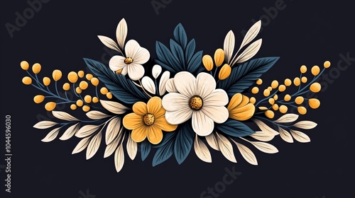 floral folk art motif, full color on black background