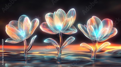 Holographic glowing plants on black background