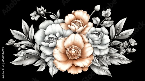 floral folk art motif, copper and black color on black background