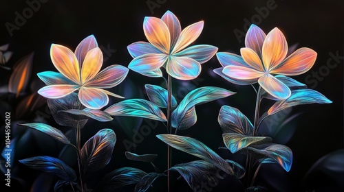 Holographic glowing plants on black background