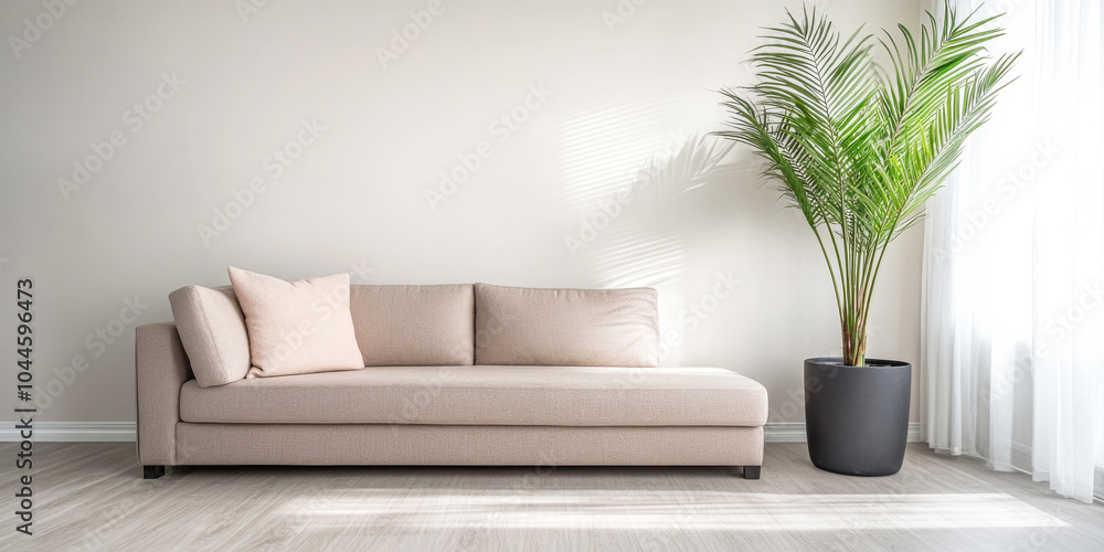 A modern minimalist living room with a light beige sofa and a tall green plant by the window A modern minimalist living room with a light beige sofa and a tall green plant by the window