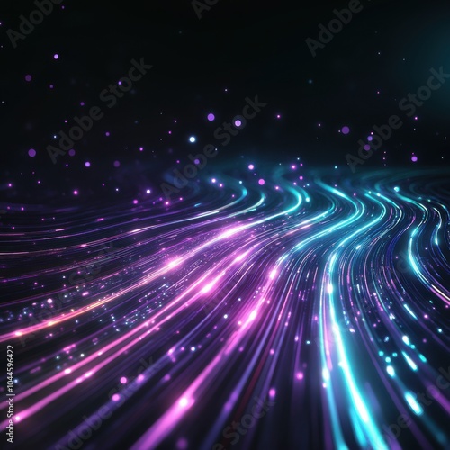 A vibrant display of flowing lights with purple and blue hues, creating a mesmerizing wave effect in a dark background.