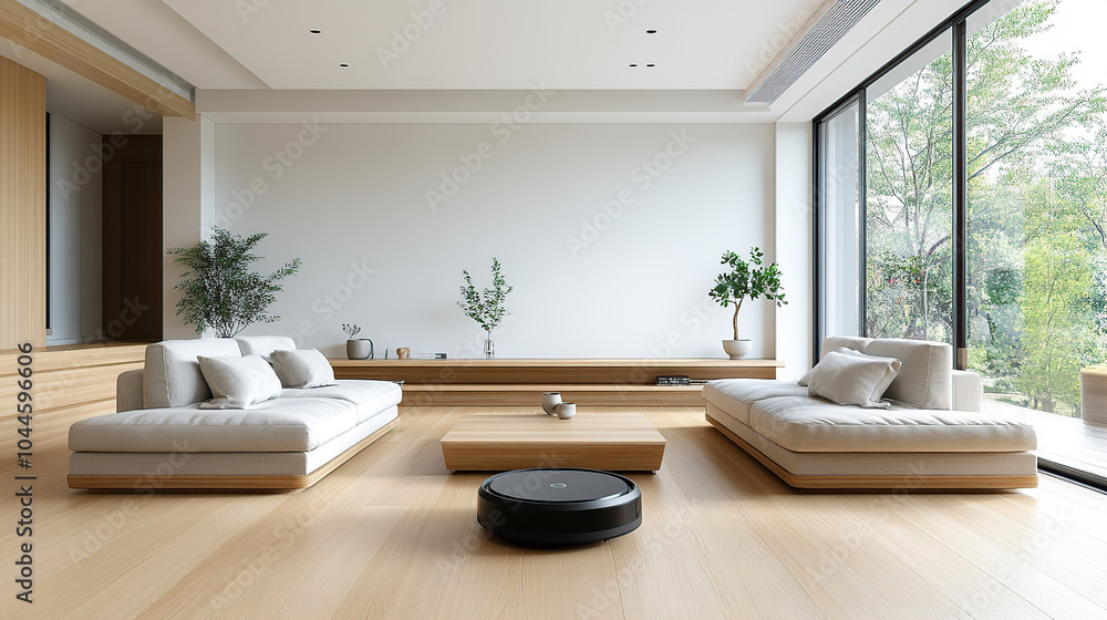 Minimalist living room with white walls, a large sofa, and a TV in the center of the space. Indoor plants Minimalist living room with white walls, a large sofa, and a TV in the center of the space. Indoor plants