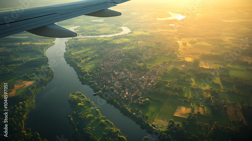 A Photo of an Airplane Wing Flying Over the Ukrainian Countryside, Capturing the Scenic View Below with Vast Fields, Villages, and Winding Roads. A Perfect Shot from the Window Seat for Travel Enthusi photo