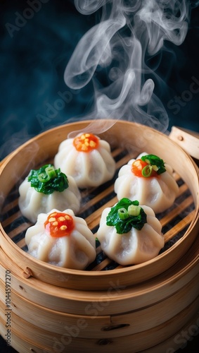 Perfectly formed dim sum in a bamboo steamer steam rising