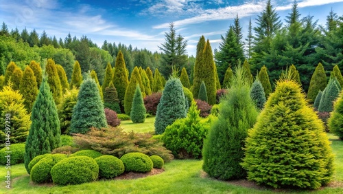 Silhouette landscaping with Thuja coniferous trees and juniper shrubs