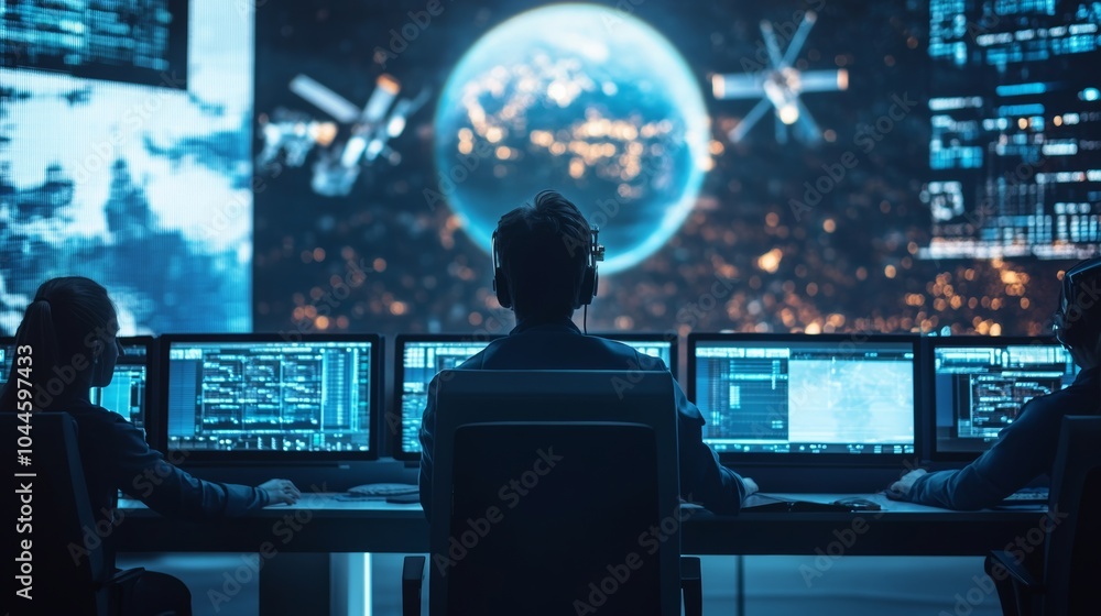 Space science researchers work in the control room, monitoring satellites and spacecraft as they explore distant planets. Space science researchers work in the control room, monitoring satellites and spacecraft as they explore distant planets.