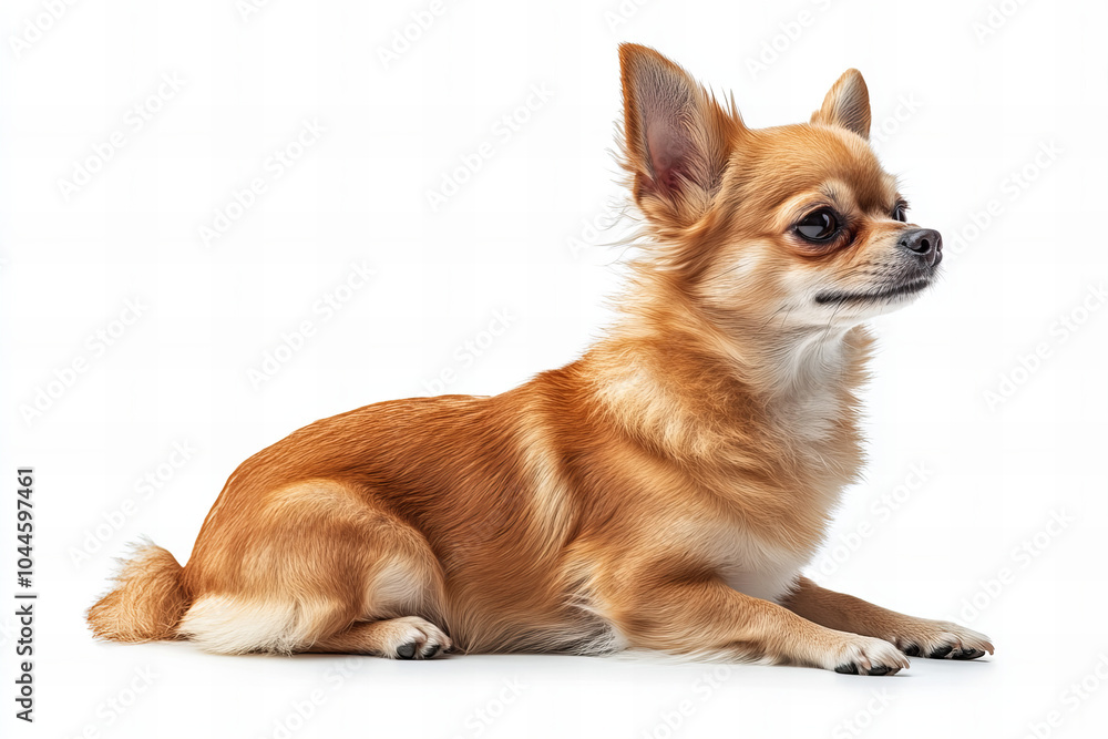Obraz premium Close-up of Adorable Chihuahua Dog Relaxing – Cute Small Breed Puppy with Big Ears and Fluffy Fur, Isolated on White Background