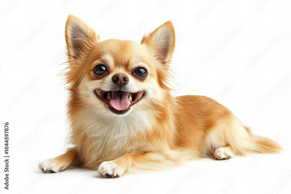Close-up of Adorable Chihuahua Dog Relaxing – Cute Small Breed Puppy with Big Ears and Fluffy Fur, Isolated on White Background Close-up of Adorable Chihuahua Dog Relaxing – Cute Small Breed Puppy with Big Ears and Fluffy Fur, Isolated on White Background