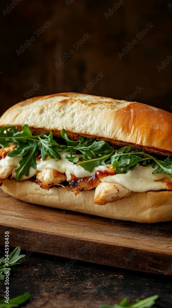 Closeup of a Delicious Chicken Sub Sandwich with Mozzarella and Arugula Closeup of a Delicious Chicken Sub Sandwich with Mozzarella and Arugula