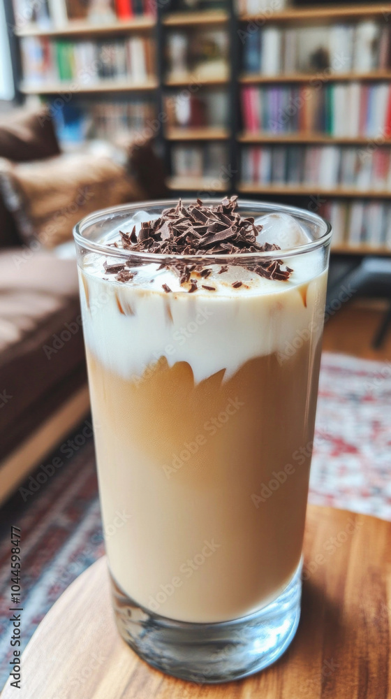 Iced coffee with milk and chocolate shavings on a wooden table Iced coffee with milk and chocolate shavings on a wooden table