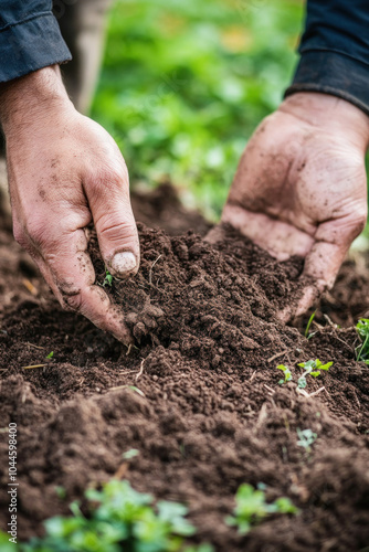 Farmer holding fertile soil in hands on farm