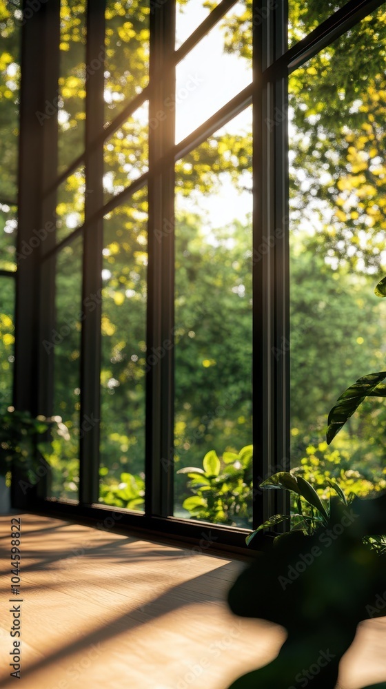 Bright sunlight streaming through large glass windows in a lush green setting. Bright sunlight streaming through large glass windows in a lush green setting.