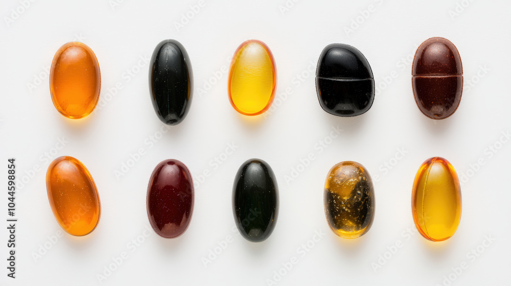 Colorful capsules arranged in grid, showcasing various shades of amber, black, and brown. smooth surfaces reflect light, creating appealing visual display Colorful capsules arranged in grid, showcasing various shades of amber, black, and brown. smooth surfaces reflect light, creating appealing visual display