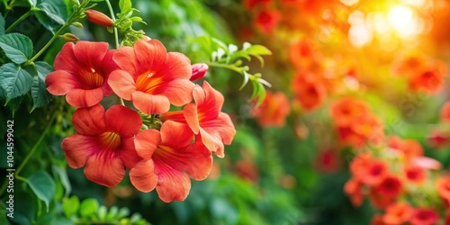 Campsis red flowers blooming in a beautiful garden, Campsis, red flowers, garden, blooming, vibrant, nature, floral, plant